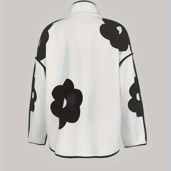 Chic Floral Print Jacket Stand Collar Long Sleeve, Button-Up with Front Pockets - Picture 6 of 6